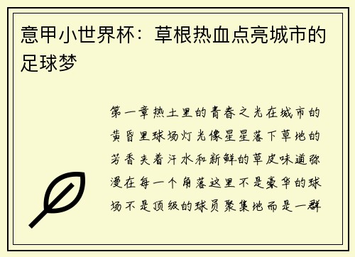 意甲小世界杯：草根热血点亮城市的足球梦