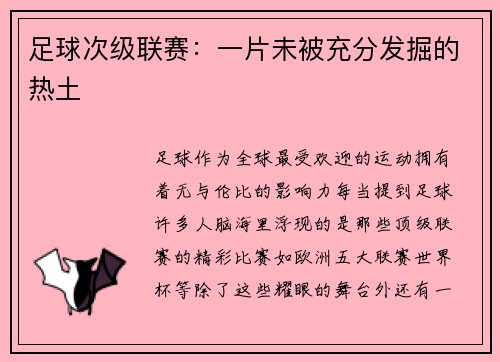足球次级联赛：一片未被充分发掘的热土