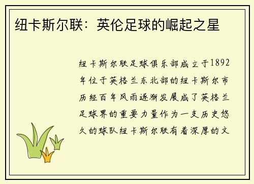 纽卡斯尔联：英伦足球的崛起之星